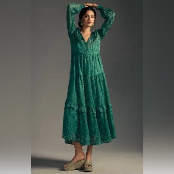 Anthropologie Marais Satin Maxi Dress Burnout Tiered Dark Green Size Small - Picture 3 of 9